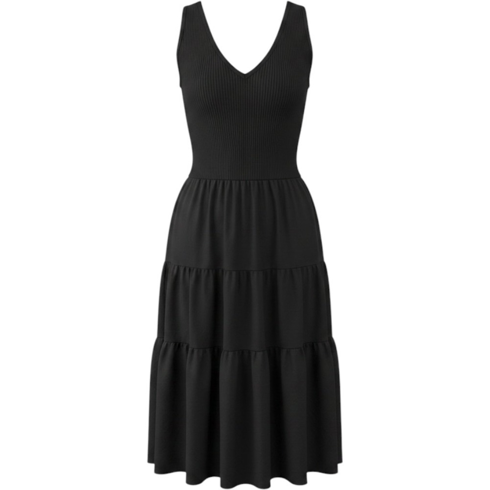 Jason Wu Casual Black‎ Tiered Mixed Media Midi Dress V-Neck Tie Waist Size M